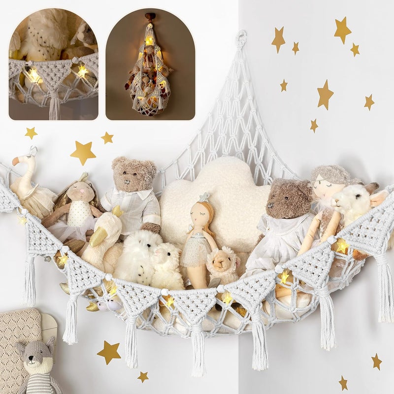 TIDYTEDS Snow White Macrame DreamLights Boho Stuffed Animal Storage Net (Extra Large) and Hammock for Small Plushies - Pure Cotton - Image 1